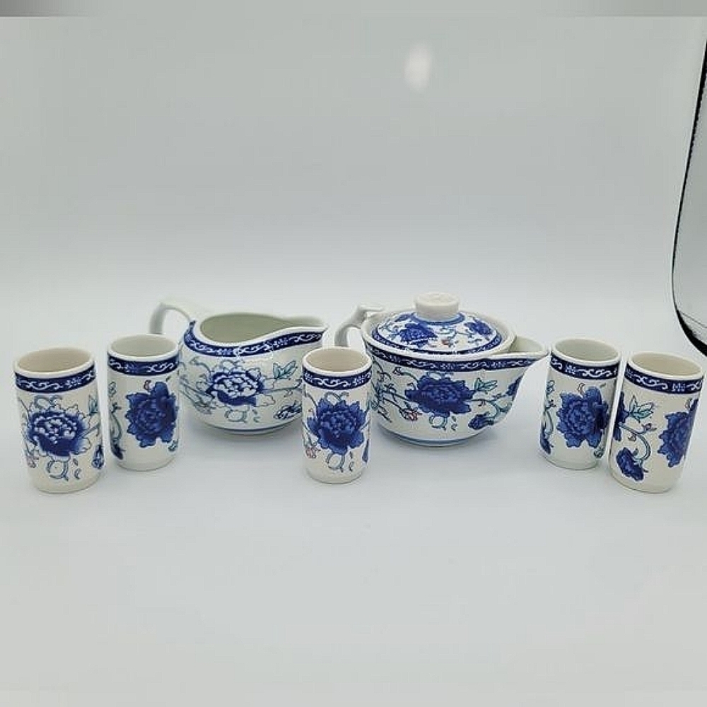 Oriental Asian Blue Floral Tea Creamer Cups Set #1141